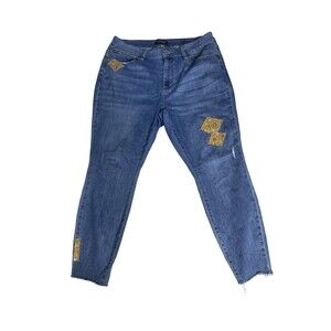 Judy Blue Jeans Womens 20 W Skinny Leg 70s Floral Print Patch Mid Rise Raw Hem